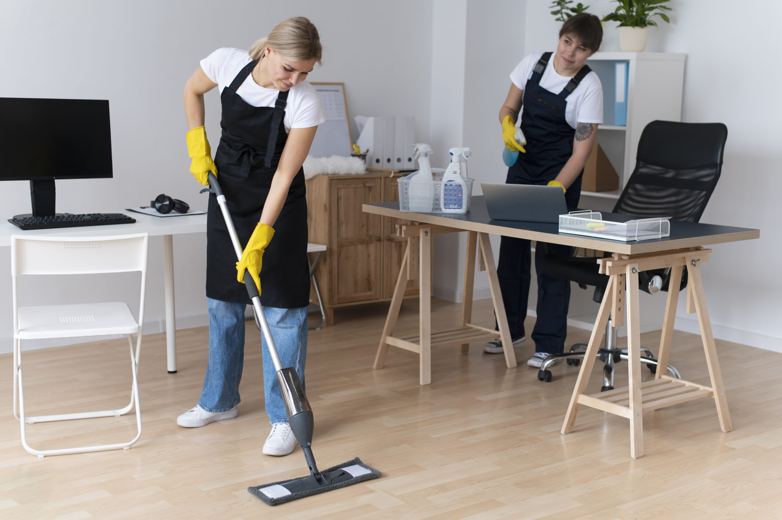 Cleaning staff mopping the floor of a modern office